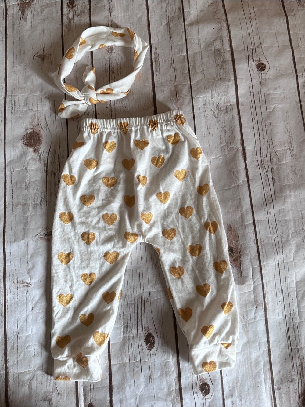 White & gold heart print pants with matching headband